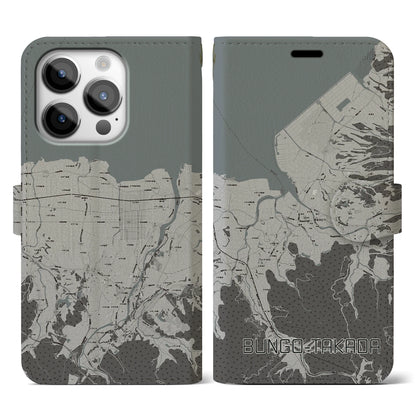 【豊後高田（大分県）】地図柄iPhoneケース（手帳タイプ）モノトーン・iPhone 14 Pro 用