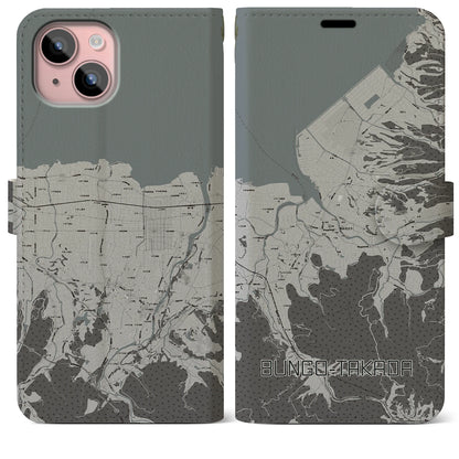 【豊後高田（大分県）】地図柄iPhoneケース（手帳タイプ）モノトーン・iPhone 15 Plus 用