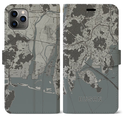 【釜山（韓国）】地図柄iPhoneケース（手帳タイプ）モノトーン・iPhone 11 Pro Max 用