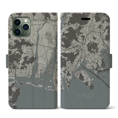 【釜山（韓国）】地図柄iPhoneケース（手帳タイプ）モノトーン・iPhone 11 Pro 用