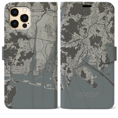 【釜山（韓国）】地図柄iPhoneケース（手帳タイプ）モノトーン・iPhone 12 Pro Max 用