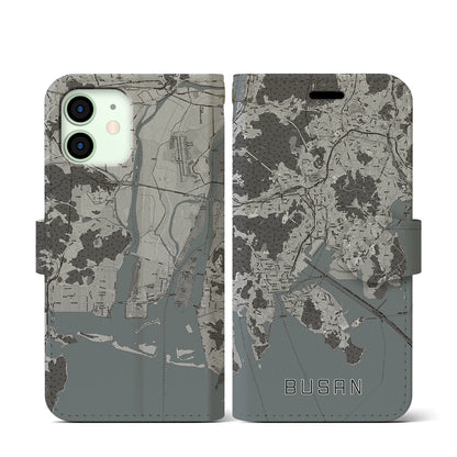【釜山（韓国）】地図柄iPhoneケース（手帳タイプ）モノトーン・iPhone 12 mini 用