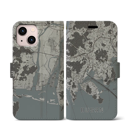 【釜山（韓国）】地図柄iPhoneケース（手帳タイプ）モノトーン・iPhone 13 mini 用