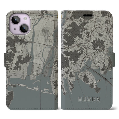 【釜山（韓国）】地図柄iPhoneケース（手帳タイプ）モノトーン・iPhone 14 用