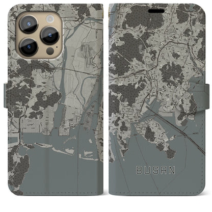 【釜山（韓国）】地図柄iPhoneケース（手帳タイプ）モノトーン・iPhone 14 Pro Max 用