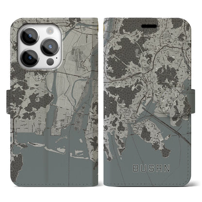 【釜山（韓国）】地図柄iPhoneケース（手帳タイプ）モノトーン・iPhone 14 Pro 用