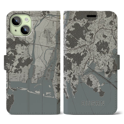 【釜山（韓国）】地図柄iPhoneケース（手帳タイプ）モノトーン・iPhone 15 用