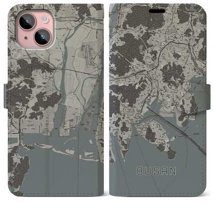 【釜山（韓国）】地図柄iPhoneケース（手帳タイプ）モノトーン・iPhone 15 Plus 用
