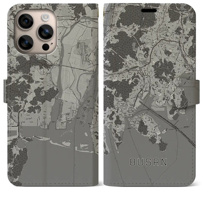 【釜山（韓国）】地図柄iPhoneケース（手帳タイプ）モノトーン・iPhone 16 Plus 用
