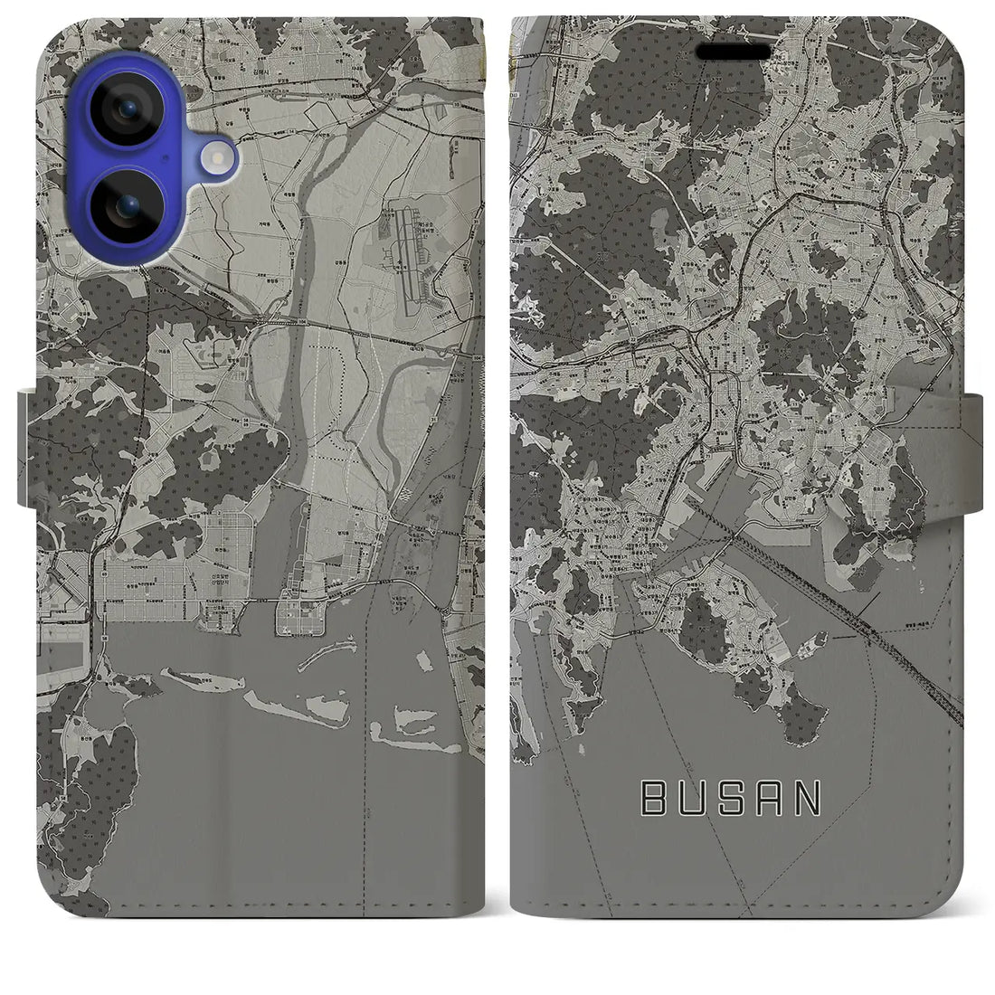 【釜山(韓国)】地図柄iPhoneケース(手帳タイプ)モノトーン・iPhone 16 Pro Max 用