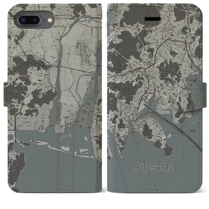 【釜山（韓国）】地図柄iPhoneケース（手帳タイプ）モノトーン・iPhone 8Plus /7Plus / 6sPlus / 6Plus 用