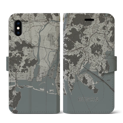 【釜山（韓国）】地図柄iPhoneケース（手帳タイプ）モノトーン・iPhone XS / X 用
