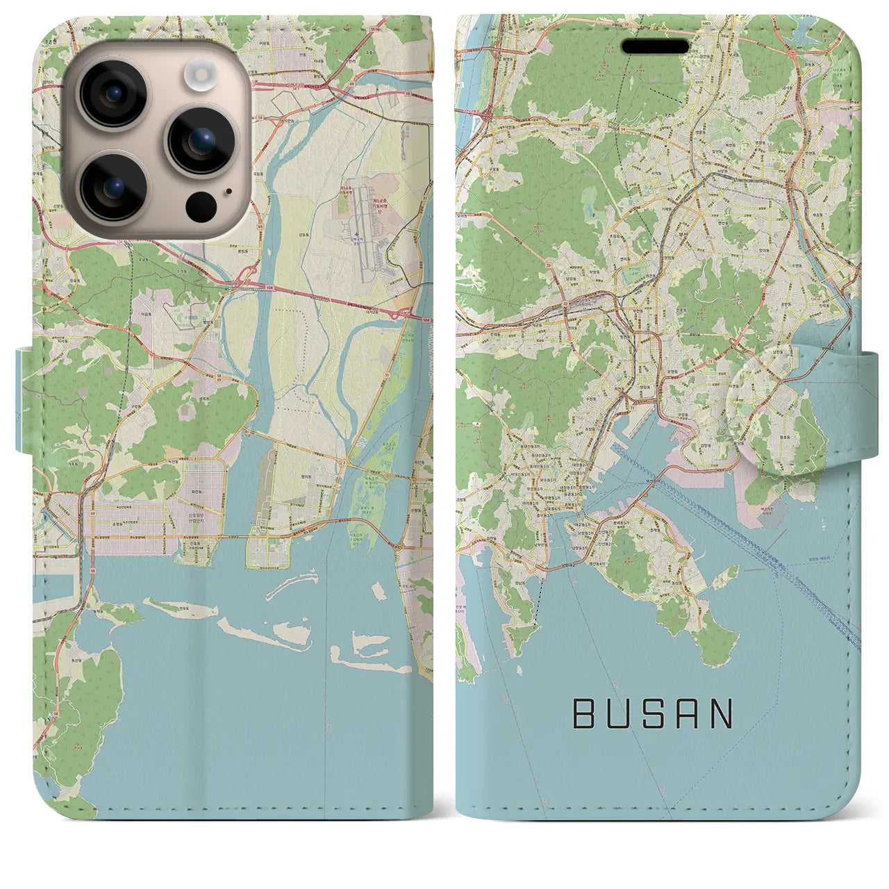 【釜山（韓国）】地図柄iPhoneケース（手帳タイプ）ナチュラル・iPhone 16 Plus 用