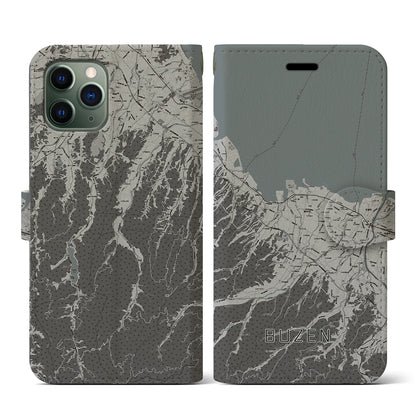 【豊前（福岡県）】地図柄iPhoneケース（手帳タイプ）モノトーン・iPhone 11 Pro 用