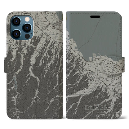 【豊前（福岡県）】地図柄iPhoneケース（手帳タイプ）モノトーン・iPhone 12 / 12 Pro 用