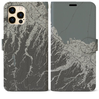 【豊前（福岡県）】地図柄iPhoneケース（手帳タイプ）モノトーン・iPhone 12 Pro Max 用