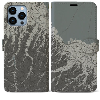 【豊前（福岡県）】地図柄iPhoneケース（手帳タイプ）モノトーン・iPhone 13 Pro Max 用