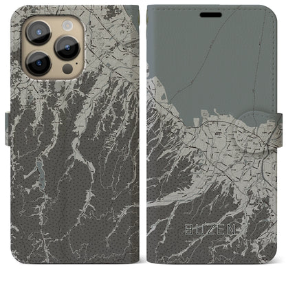 【豊前（福岡県）】地図柄iPhoneケース（手帳タイプ）モノトーン・iPhone 14 Pro Max 用