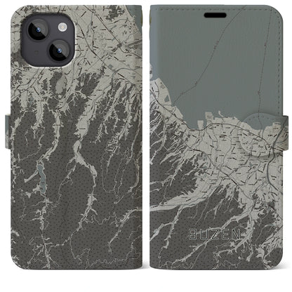 【豊前（福岡県）】地図柄iPhoneケース（手帳タイプ）モノトーン・iPhone 14 Plus 用