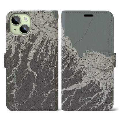 【豊前（福岡県）】地図柄iPhoneケース（手帳タイプ）モノトーン・iPhone 15 用