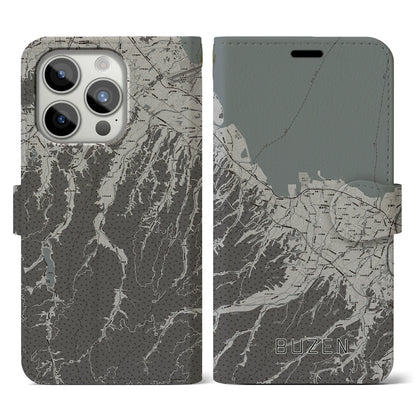 【豊前（福岡県）】地図柄iPhoneケース（手帳タイプ）モノトーン・iPhone 15 Pro 用