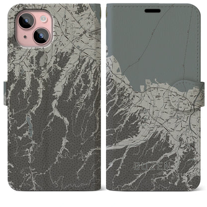 【豊前（福岡県）】地図柄iPhoneケース（手帳タイプ）モノトーン・iPhone 15 Plus 用