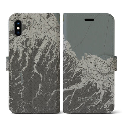 【豊前（福岡県）】地図柄iPhoneケース（手帳タイプ）モノトーン・iPhone XS / X 用
