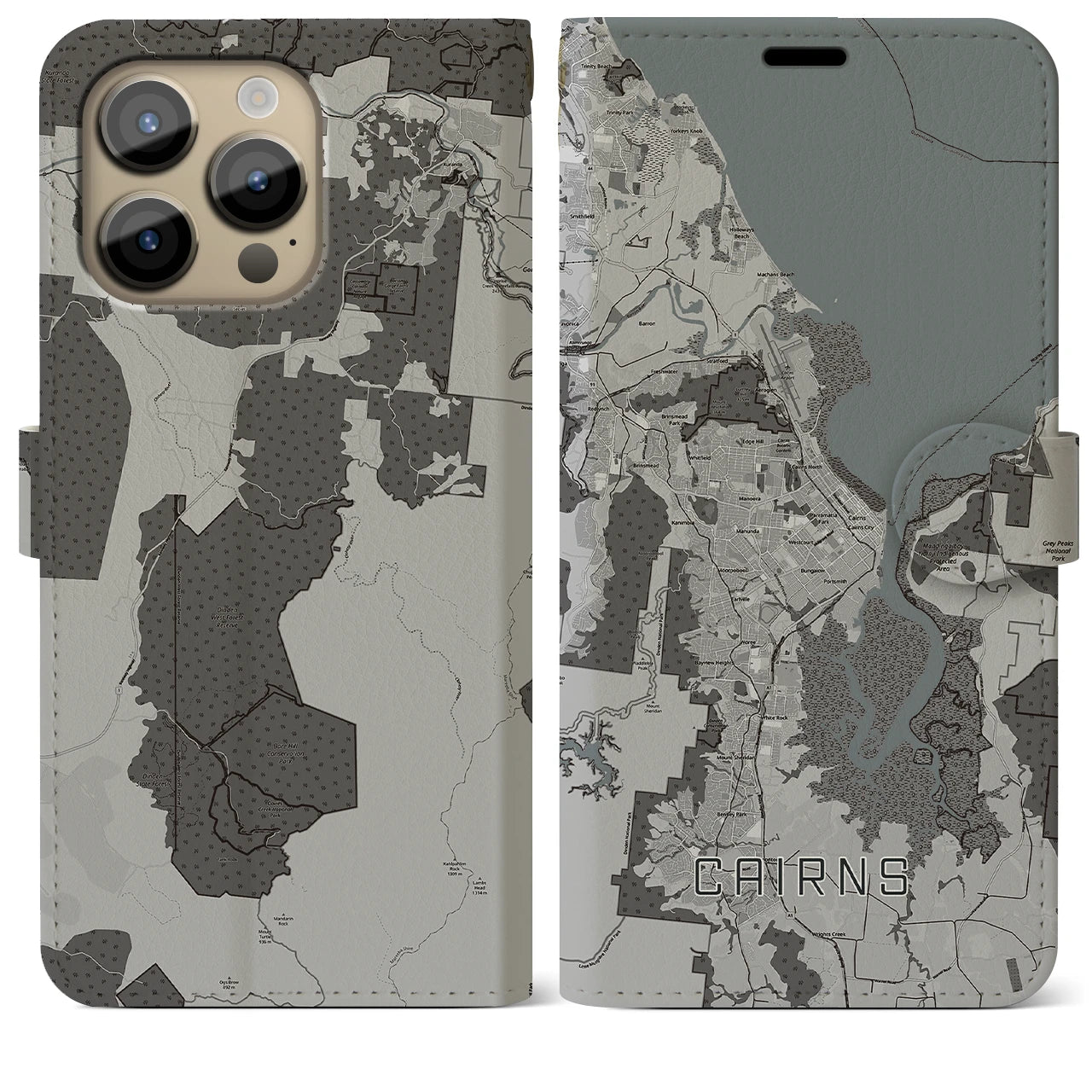 【ケアンズ】地図柄iPhoneケース（手帳両面タイプ・モノトーン）iPhone 14 Pro Max 用