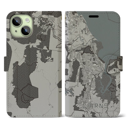 【ケアンズ（オーストラリア）】地図柄iPhoneケース（手帳タイプ）モノトーン・iPhone 15 用