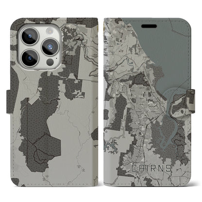 【ケアンズ（オーストラリア）】地図柄iPhoneケース（手帳タイプ）モノトーン・iPhone 15 Pro 用