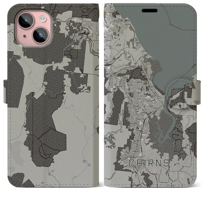 【ケアンズ（オーストラリア）】地図柄iPhoneケース（手帳タイプ）モノトーン・iPhone 15 Plus 用