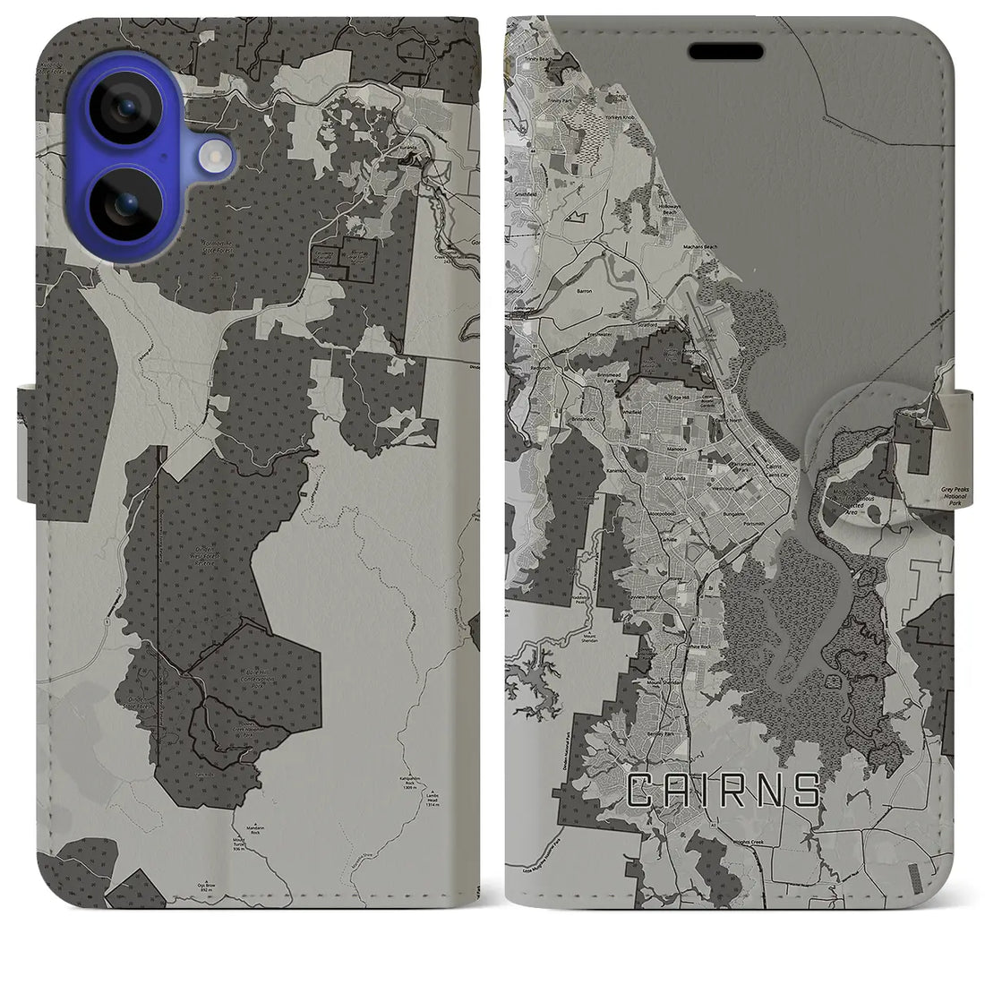 【ケアンズ(オーストラリア)】地図柄iPhoneケース(手帳タイプ)モノトーン・iPhone 16 Pro Max 用