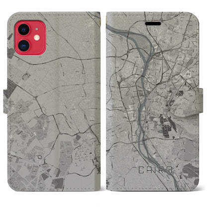 【カイロ（エジプト）】地図柄iPhoneケース（手帳タイプ）モノトーン・iPhone 11 用
