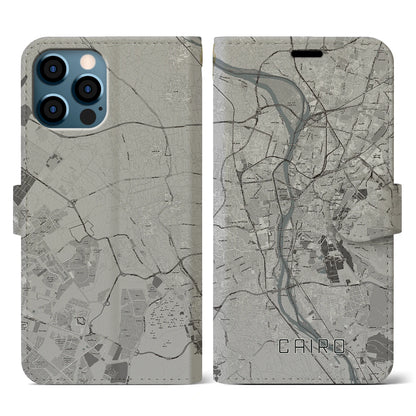 【カイロ（エジプト）】地図柄iPhoneケース（手帳タイプ）モノトーン・iPhone 12 / 12 Pro 用