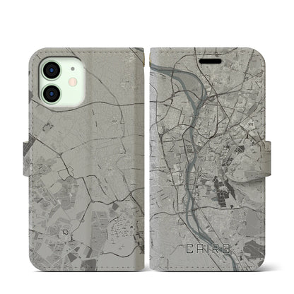 【カイロ（エジプト）】地図柄iPhoneケース（手帳タイプ）モノトーン・iPhone 12 mini 用