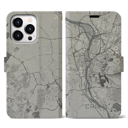 【カイロ（エジプト）】地図柄iPhoneケース（手帳タイプ）モノトーン・iPhone 13 Pro 用