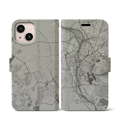 【カイロ（エジプト）】地図柄iPhoneケース（手帳タイプ）モノトーン・iPhone 13 mini 用