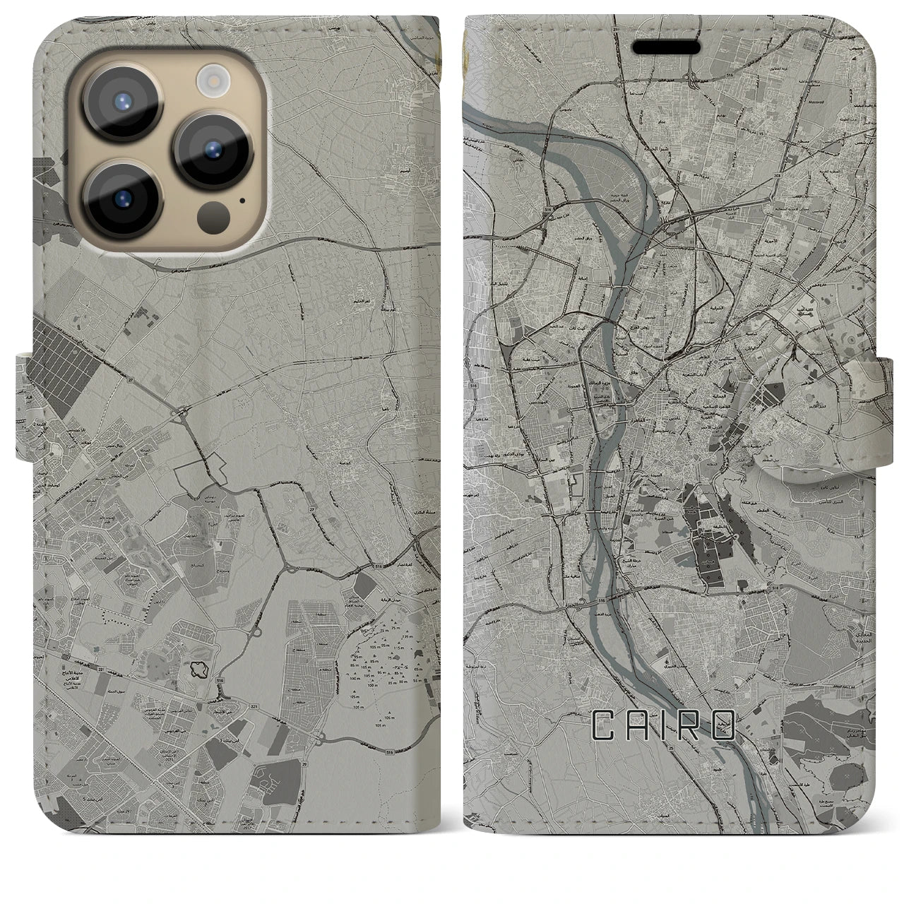 【カイロ】地図柄iPhoneケース（手帳両面タイプ・モノトーン）iPhone 14 Pro Max 用
