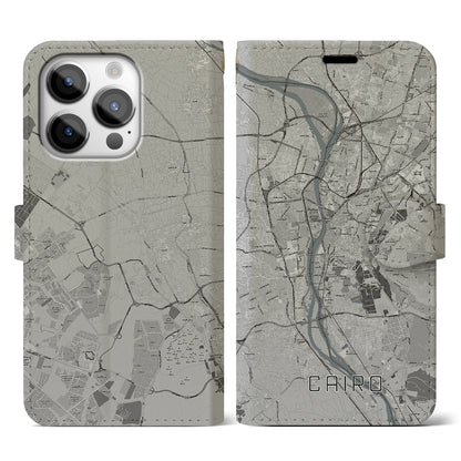 【カイロ（エジプト）】地図柄iPhoneケース（手帳タイプ）モノトーン・iPhone 14 Pro 用