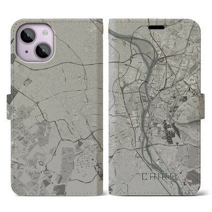 【カイロ（エジプト）】地図柄iPhoneケース（手帳タイプ）モノトーン・iPhone 14 用