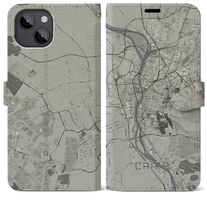 【カイロ（エジプト）】地図柄iPhoneケース（手帳タイプ）モノトーン・iPhone 14 Plus 用