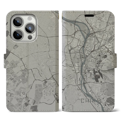 【カイロ（エジプト）】地図柄iPhoneケース（手帳タイプ）モノトーン・iPhone 15 Pro 用