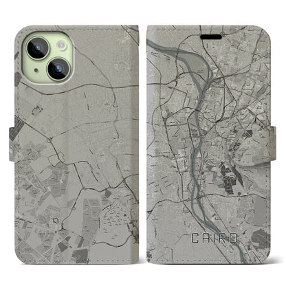 【カイロ（エジプト）】地図柄iPhoneケース（手帳タイプ）モノトーン・iPhone 15 用