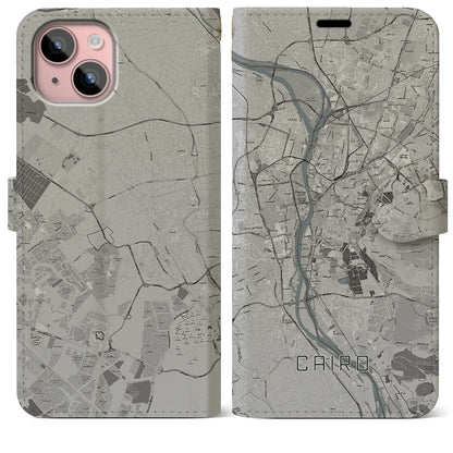 【カイロ（エジプト）】地図柄iPhoneケース（手帳タイプ）モノトーン・iPhone 15 Plus 用