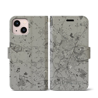 【ケンブリッジ（イギリス）】地図柄iPhoneケース（手帳タイプ）モノトーン・iPhone 13 mini 用