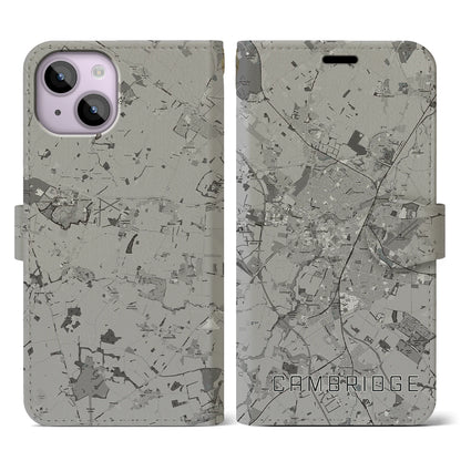 【ケンブリッジ（イギリス）】地図柄iPhoneケース（手帳タイプ）モノトーン・iPhone 14 用
