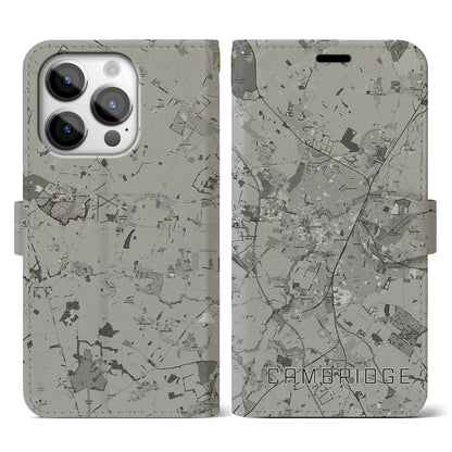 【ケンブリッジ（イギリス）】地図柄iPhoneケース（手帳タイプ）モノトーン・iPhone 14 Pro 用
