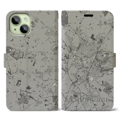 【ケンブリッジ（イギリス）】地図柄iPhoneケース（手帳タイプ）モノトーン・iPhone 15 用