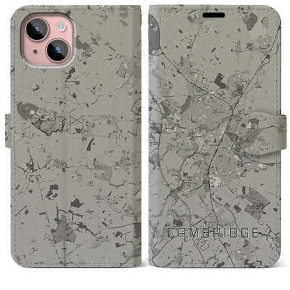 【ケンブリッジ（イギリス）】地図柄iPhoneケース（手帳タイプ）モノトーン・iPhone 15 Plus 用