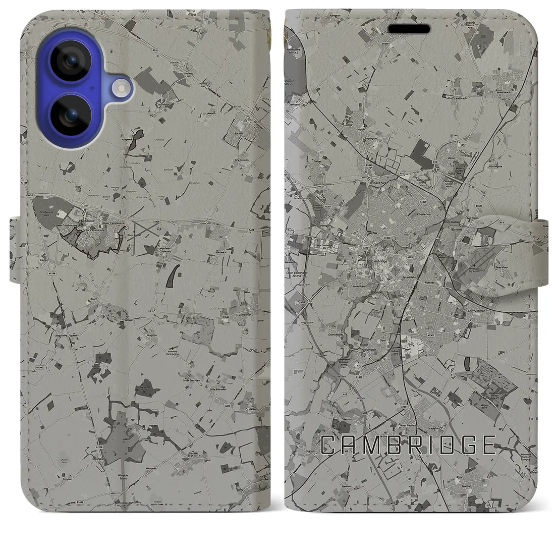 【ケンブリッジ(イギリス)】地図柄iPhoneケース(手帳タイプ)モノトーン・iPhone 16 Pro Max 用